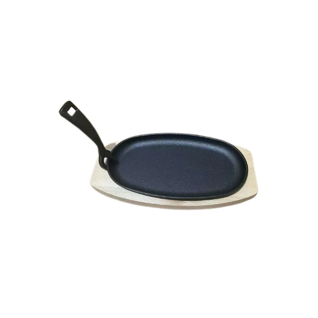 Factory Hot Sale Oval Cast Iron Sizzler Plate Pan With Removable Handle and Wood Base