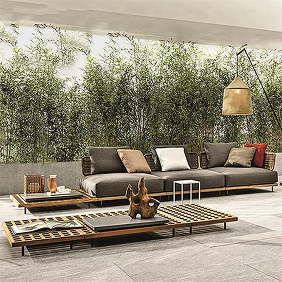 malaysia Italian designs living room wicker and oak wood like metallic legs rattan rustic wooden sofa set outdoor furniture