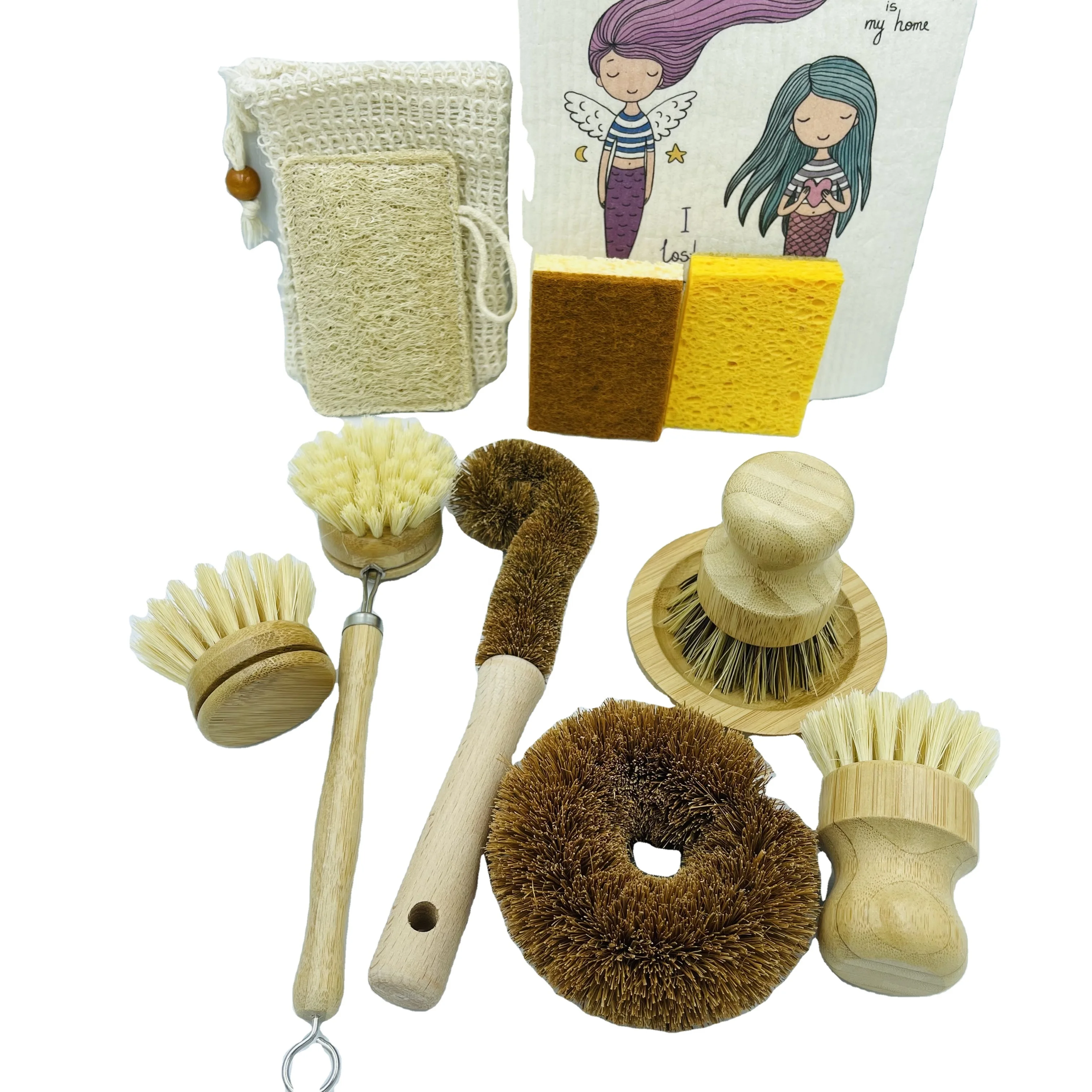 Free Plastic Natural Kitchen Bamboo Brush Long Tampico Fiber Dish Cleaning Coconut Fibre Brushes