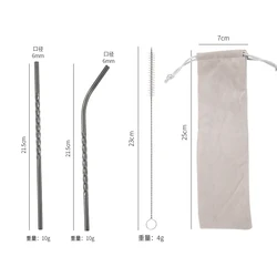 Food Grade Approved Spiral Stainless Steel Straws Set Metal Drinking Straw with bag