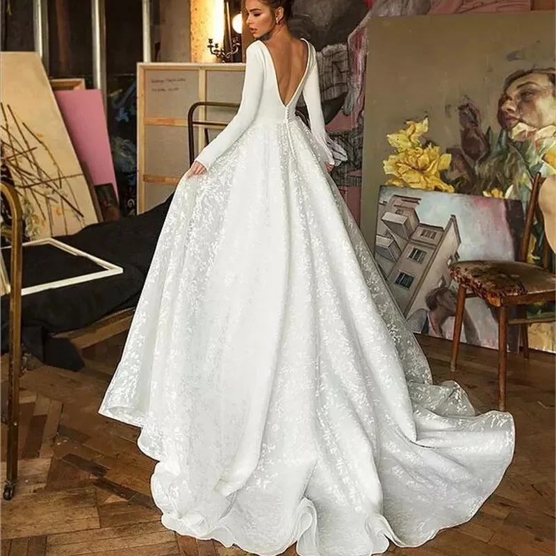 Elegant A Line Lace 2022 Vestido Novia Long Sleeve Wedding Gowns Long Sleeves Wedding Dress V Neck White Lace Wedding Dress