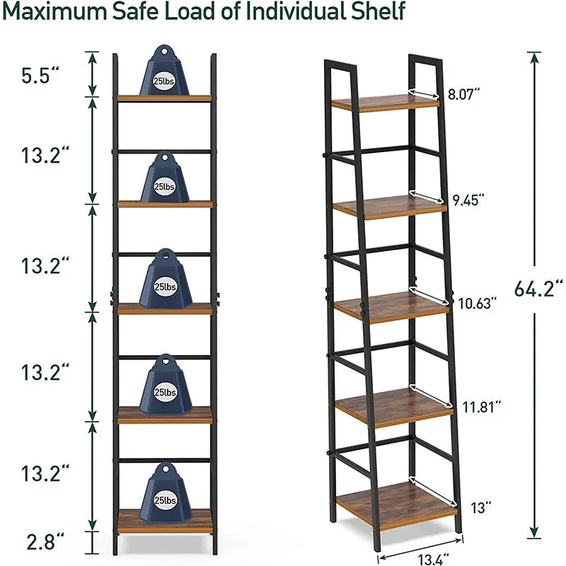5 Tier Industrial Bookshelf Rustic Wood Bookcase Metal Tall Bookshelf Living Room Storage Rack