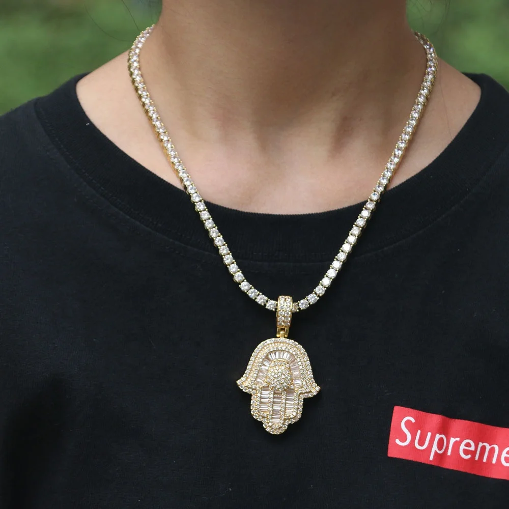18K Gold  Baguette Hamsa Hand Necklace