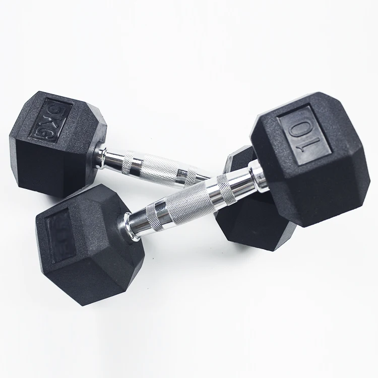 Shandong Dongshang Commerical Fitness Gym Free Weights Black Rubber Hex Dumbbell Set