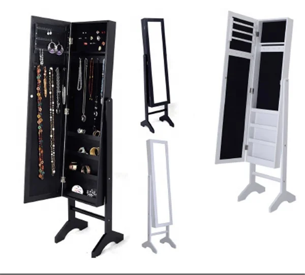 Black home furniture wood jewelry cabinet with standing mirror