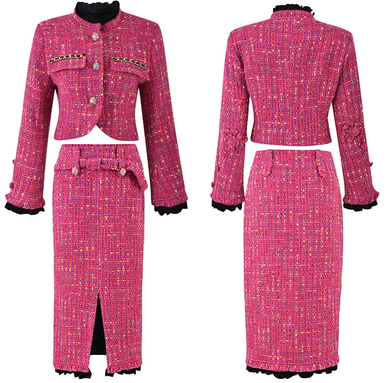 Ocstrade Elegant Ladies Midi Knitted Skirt Suit Long Sleeve Single Button Coat Slit  High Waist Skirt With Belt 2 Pieces Set