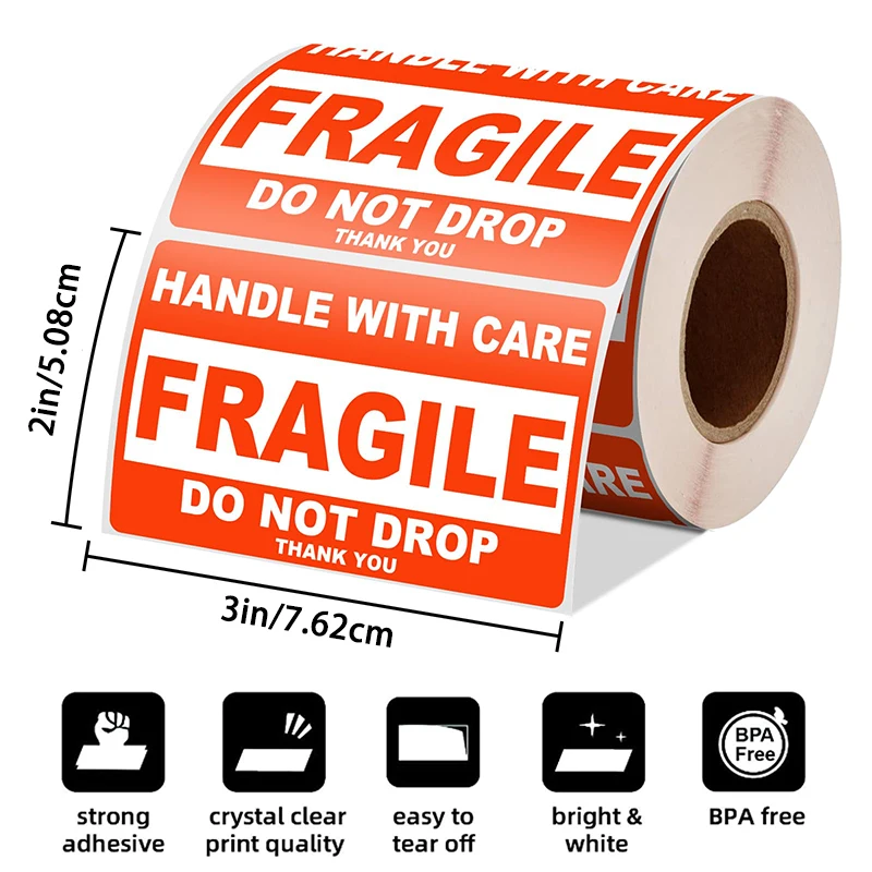Red Waterproof Warning Label Sticker Permanent Adhesive Fragile Shipping Packaging for Handle with Care Custom Copper Material