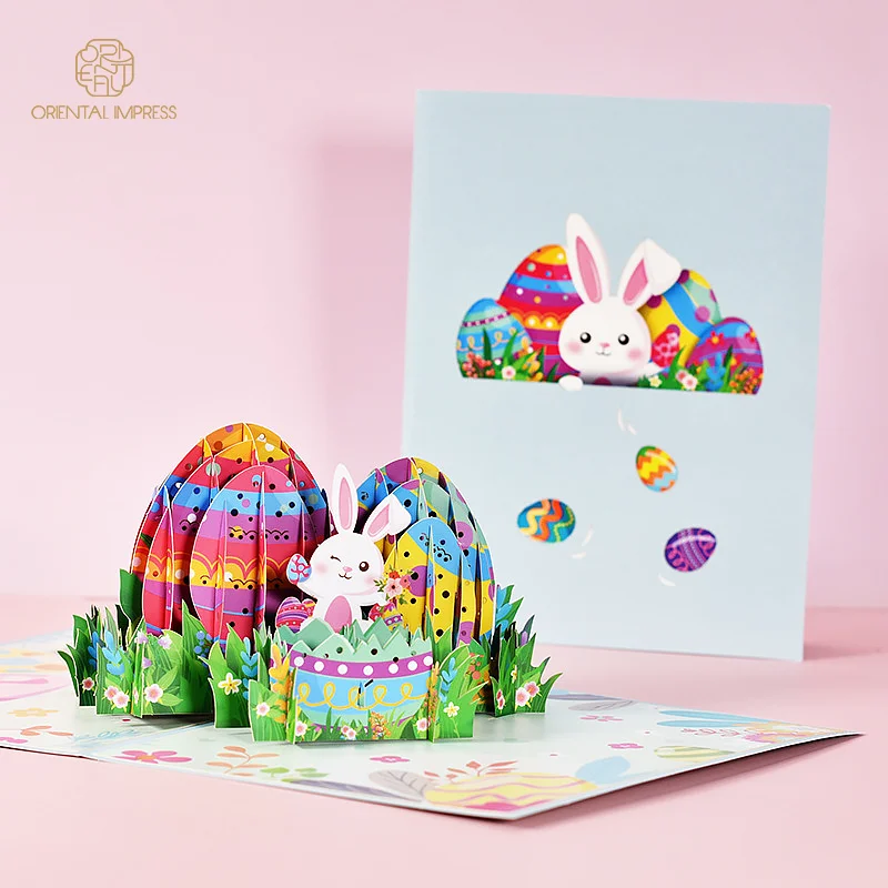 Colorful Pop Up Bunny and Easter Eggs 3D Greeting Card Easter Gift Cards for Kids