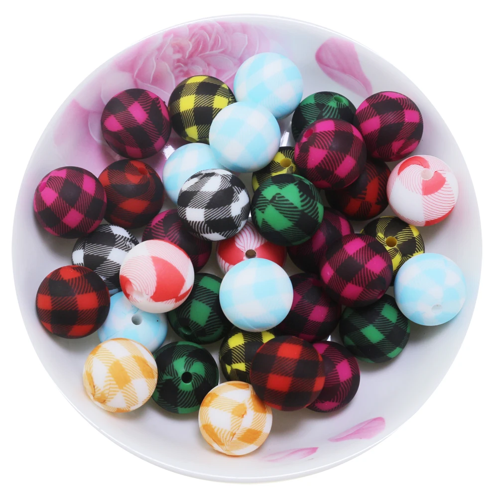 2024 Custom Buffalo Plaid Silicone Beads 15MM Round Red Green White And Black Checkered Plaid Beaded Pen Making For Jewelry