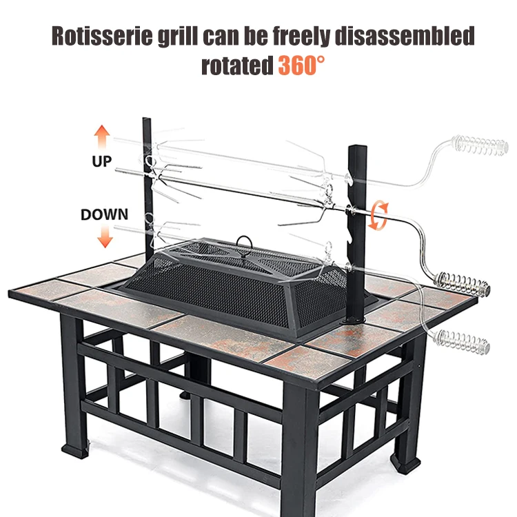 Square Metal Outdoor Fire Pit Table Wood Burning Fire Pit With Swivel Grill Axle For Patio Backyard Garden