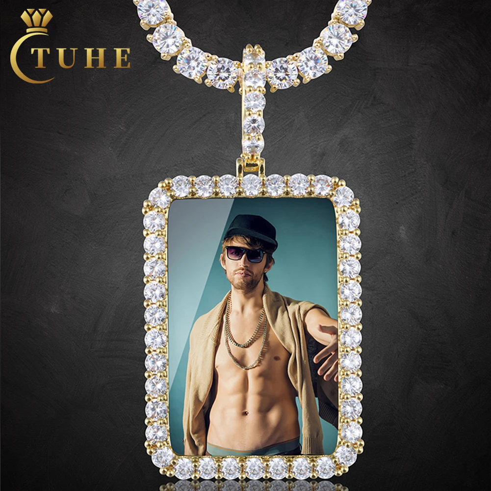 Wholesale Picture Necklace 45mm Gold Plated Brass AAAAA CZ Diamond Iced Out Rectangle Custom Photo Pendant Memory Jewelry