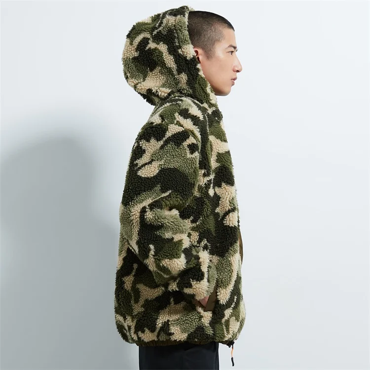Custom men  fuzzy shearling berber fleece camo sherpa hoodie