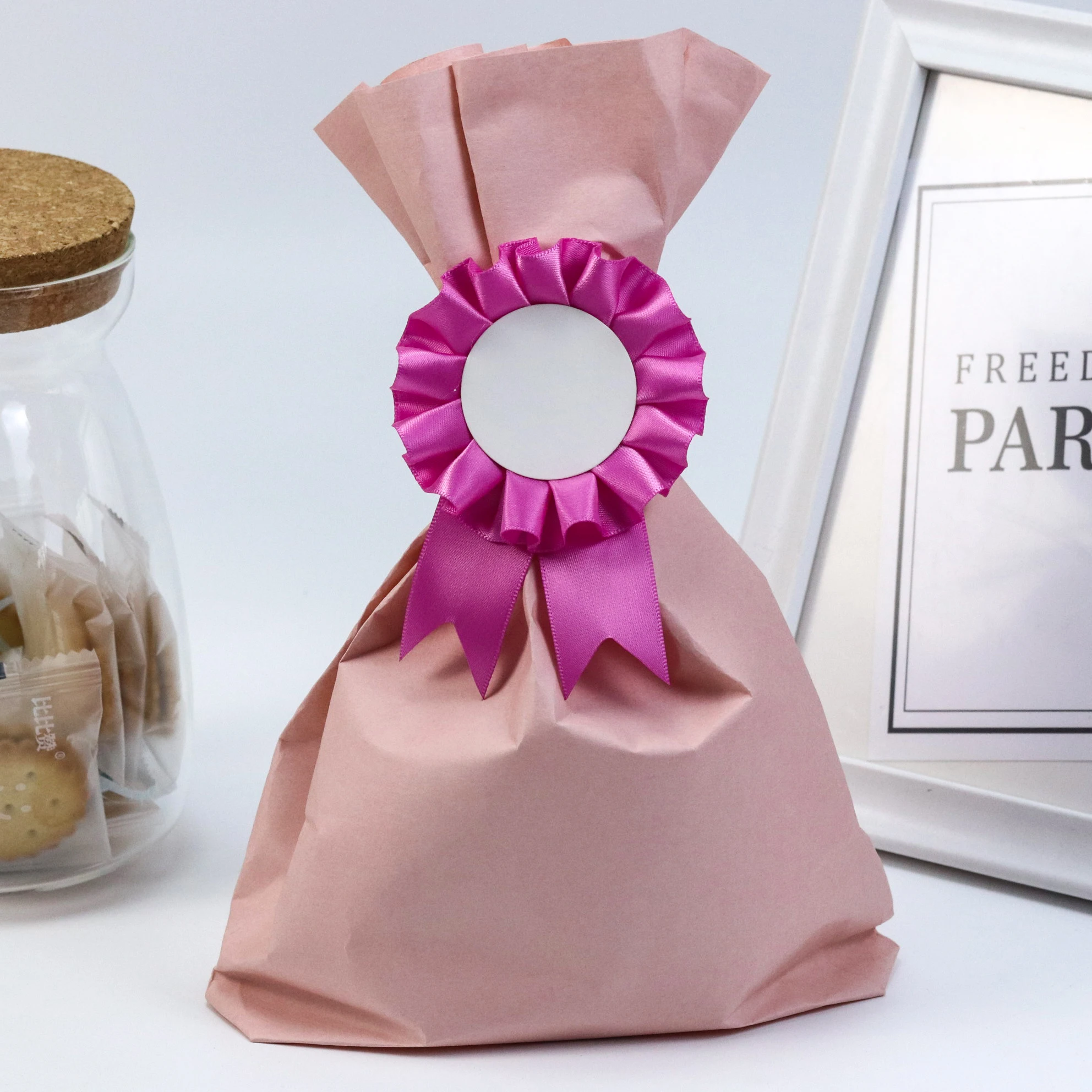 pleated satin award ribbon with button badge pin grosgrain rosette ribbon for decoration