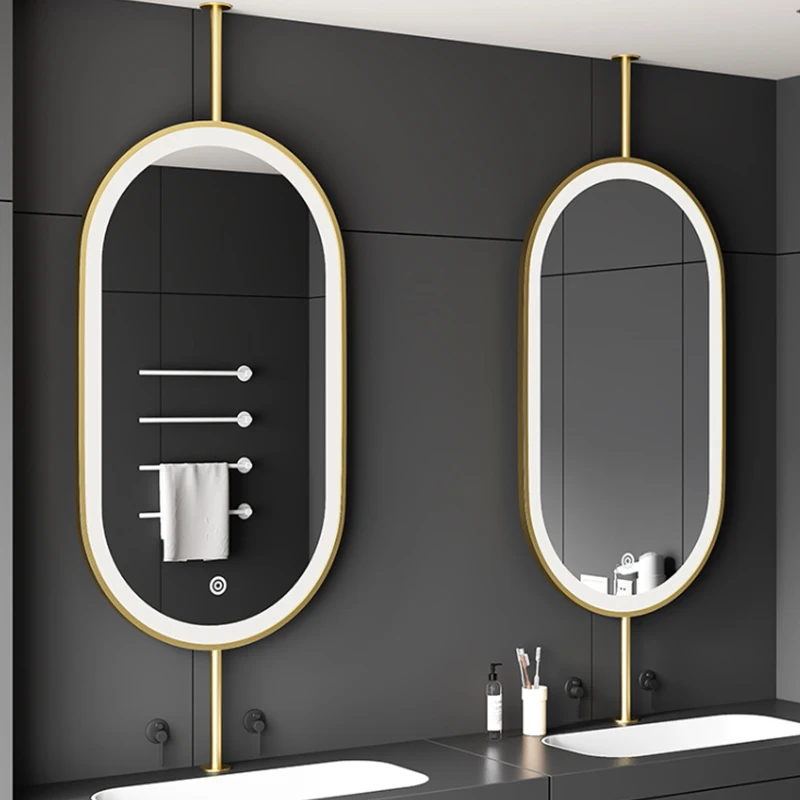 Fullkenlight round ceiling hanging led heated bathroom mirror touch screen led bath smart mirror for bathroom