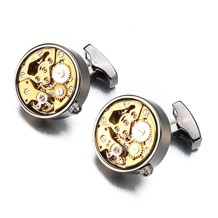 High Quality Custom Functional Watch Immovable Cufflinks For Men Round Gold Watch Mechanism Gear Cuff links Wholesale