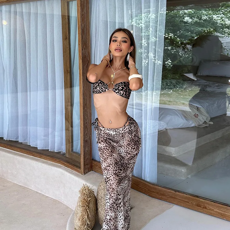Sharee Summer New Arrivals Sexy 2 Pcs Set Sleeveless Off Shoulder Crop Top Bodycon Long Skirt Leopard Print Two Piece Set Women