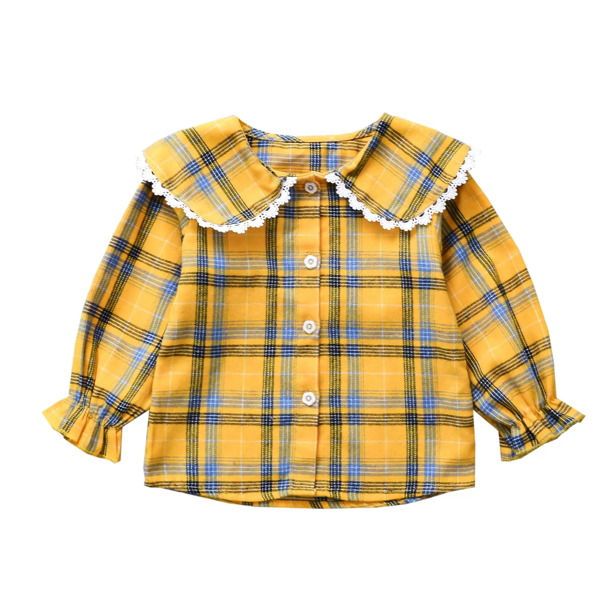 
spring and autumn wholesale lantern sleeve and plaid yellow toddler girl shirts casual lace girls kids shirt 