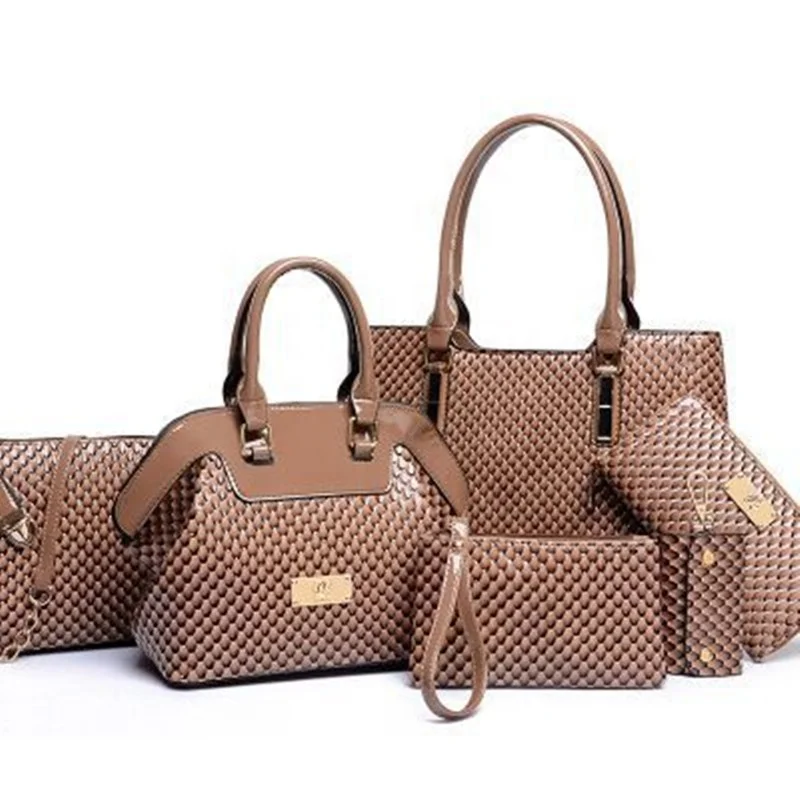 
Best selling shine Jacquard pattern PU women handbag 6 sets wholesale girls purses manufacturer ladies promotional set bags 