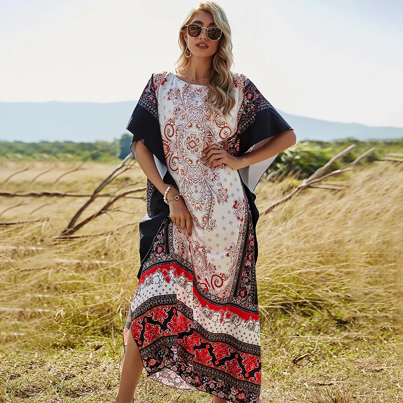 Summer Hot Sell African Dresses 2021 Bandage Print Kaftan Abaya Dress High Waist Casual African Print Dresses Women Beach Maxi