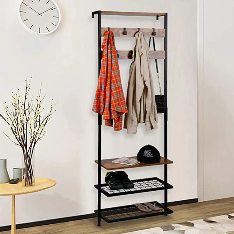 Industrial Coat Tree With 7 Removable Hooks  Entryway Coat Racks, Wall Mounted Metal Frame,3 in 1 Coat Stand For Living Room