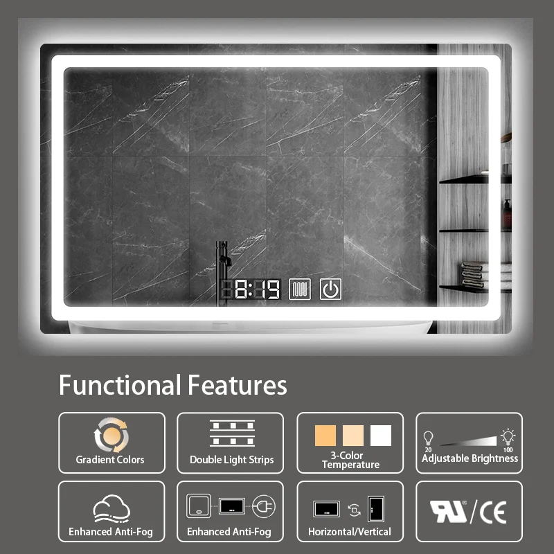 New Tricolor Light Band Explosion-proof demister Thermal Insulation Energy-saving Intelligent Led Bathroom Mirror