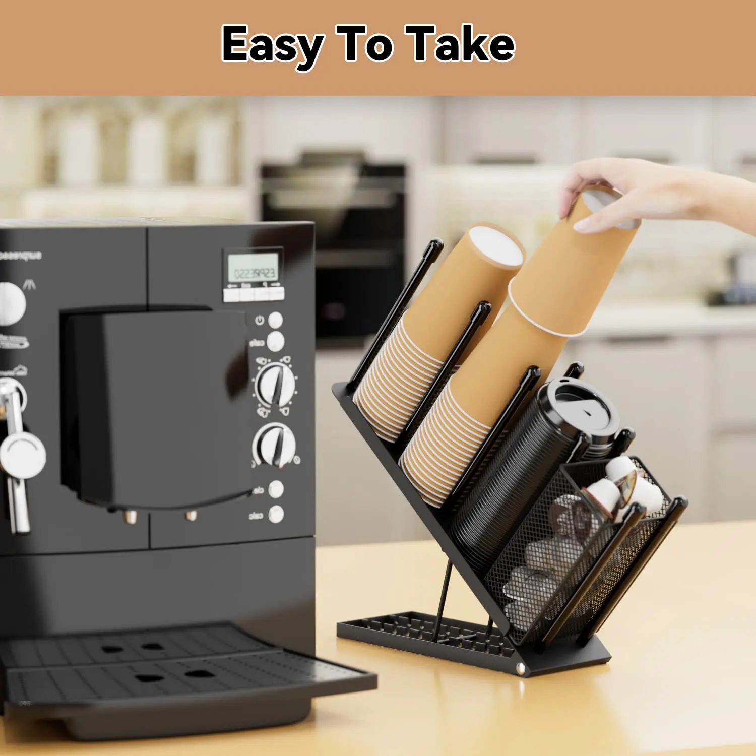 Metal Cup And Lid Organizer Holder Coffee Cup Holder For Desktop 4 Compartment Cup Dispenser Straw Holder Storage