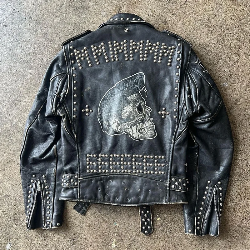 Salati Streetwear Custom Luxury Patches Embroidery Studded Pu Man Punk Rock Moto Biker Riding Motorcycle Leather Jacket For Men
