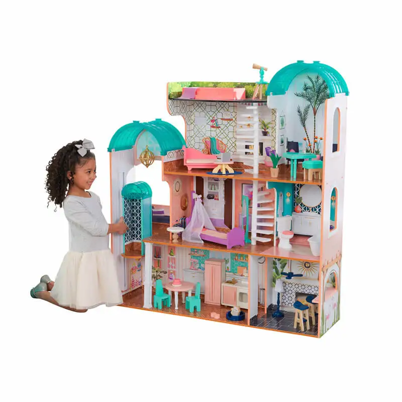 Luxury Wooden Kids Dollhouse with 34-Piece Accessories, Working Elevator and Garage, Easy Assembly , Role Play Gift for Ages 3+