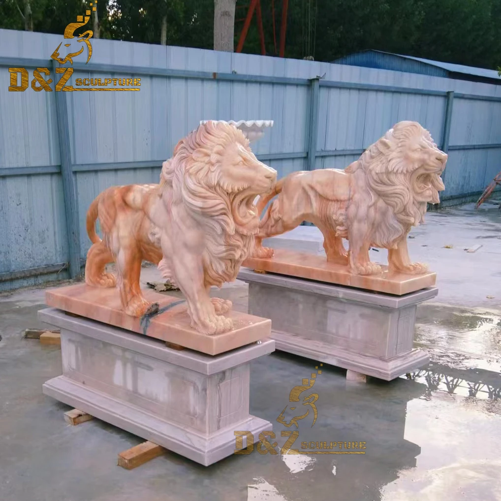 2024 Large Outdoor Garden Stone White Marble Standing Front Door With Ball Lion Statue Sculpture For Decorations