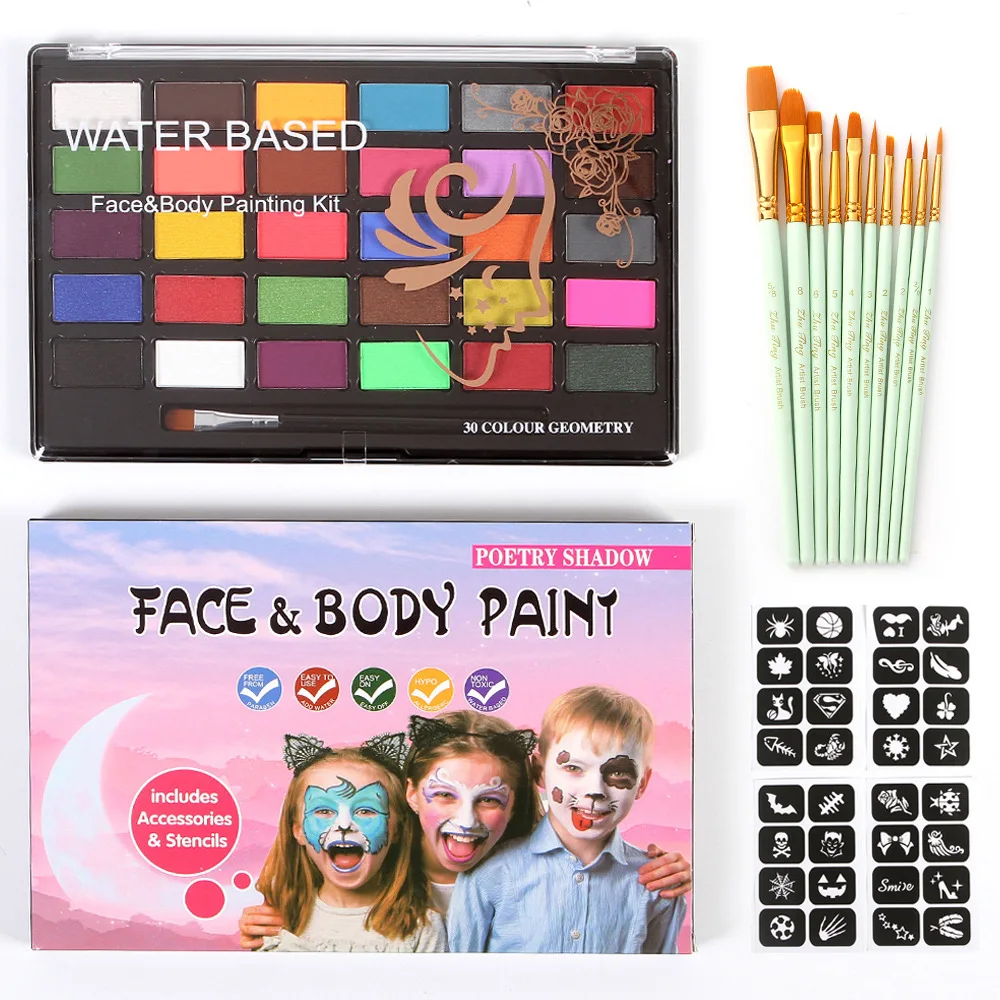 Makeup Dress Beauty Palette with Brush Kit Christmas Face Body Painting 30 Color Kids Flash Tattoo Painting Art Halloween Party