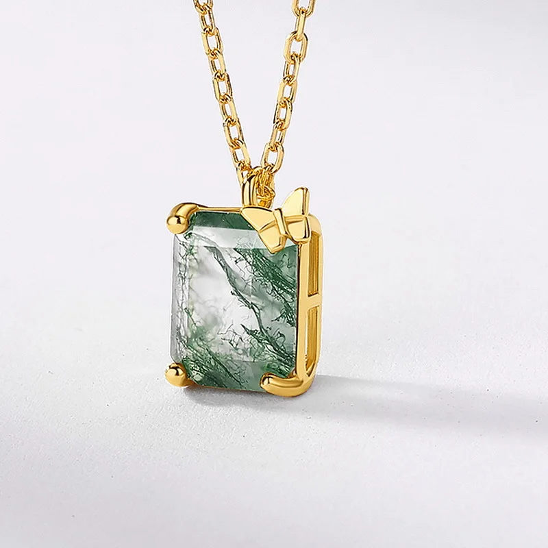 S925 sterling silver Simple Rectangular Shaped Green Moss agate Pendant necklace jewelry