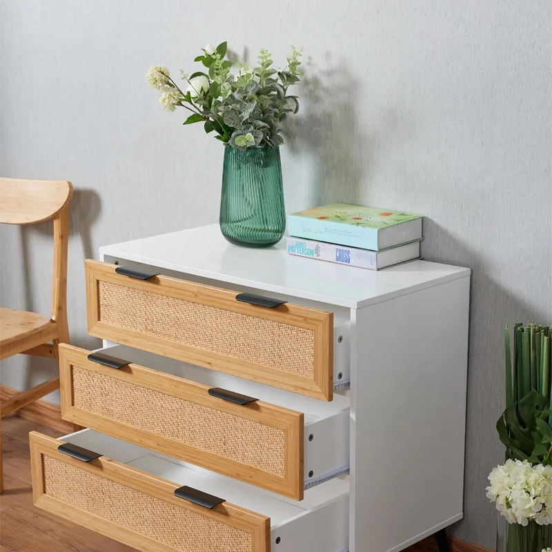 MDF Rattan surface  Table Nightstand Unit Cabinet 3-Drawer Nordic Luxury Bedside Table