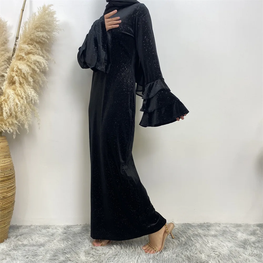 Hot Selling Velvet Flared Trumpet Sleeve Pure Color Shiny Muslim Party Dresses Simple And Elegant Thickened Glitter Abaya dubai