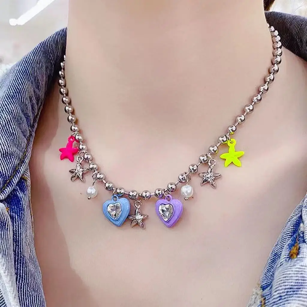 Candy Colored Necklace with Diamonds for Women Love Star Pearl Pendant Collar Chain Titanium Steel Electroplated Heart-Shaped