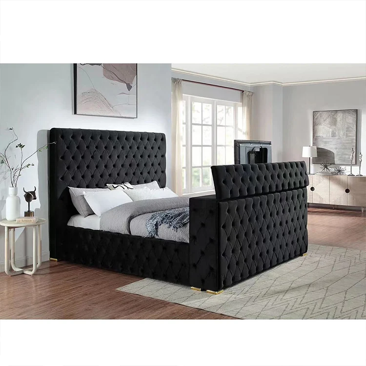 Modern Bedroom Furniture Luxury Smart Bed With Fireplace And Tv Mounting In Footboard And Tv Stand