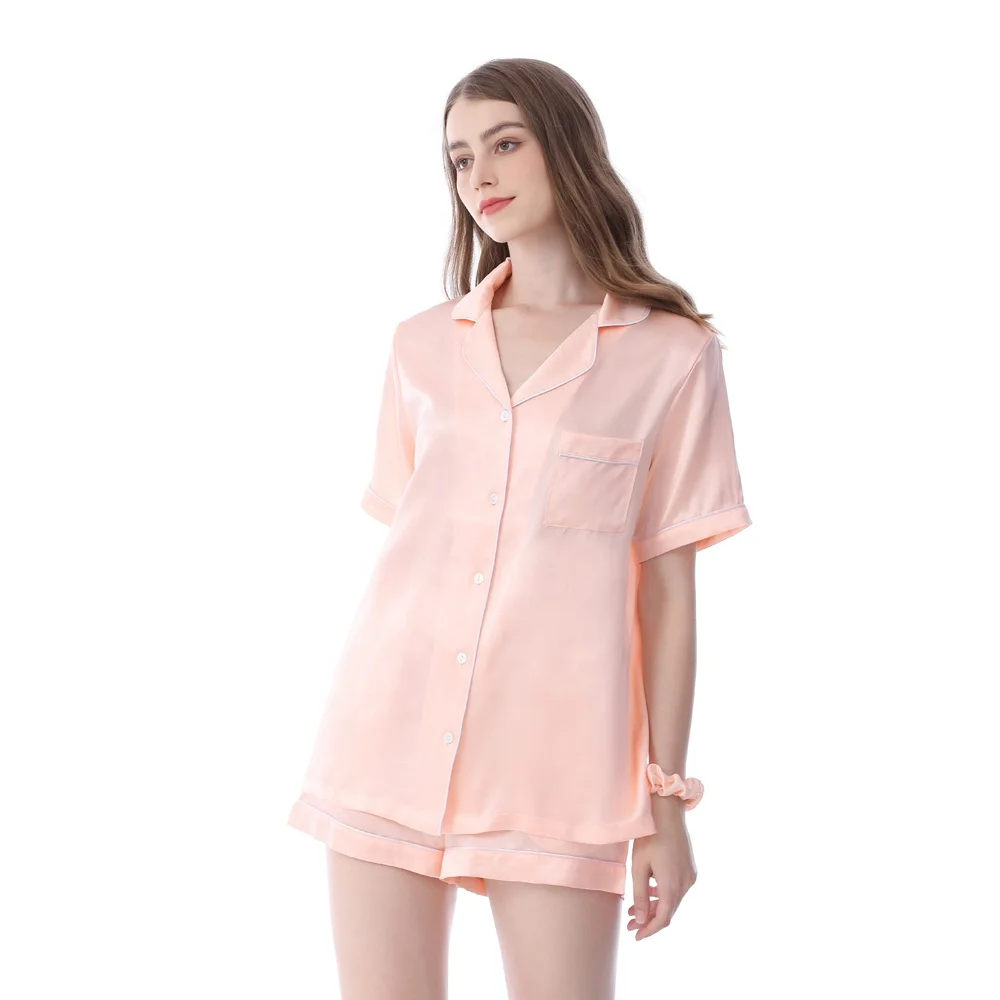 Turn Down Collar 22MM 100% Silk Pyjamas Women Pj Sleepwear Short Sets