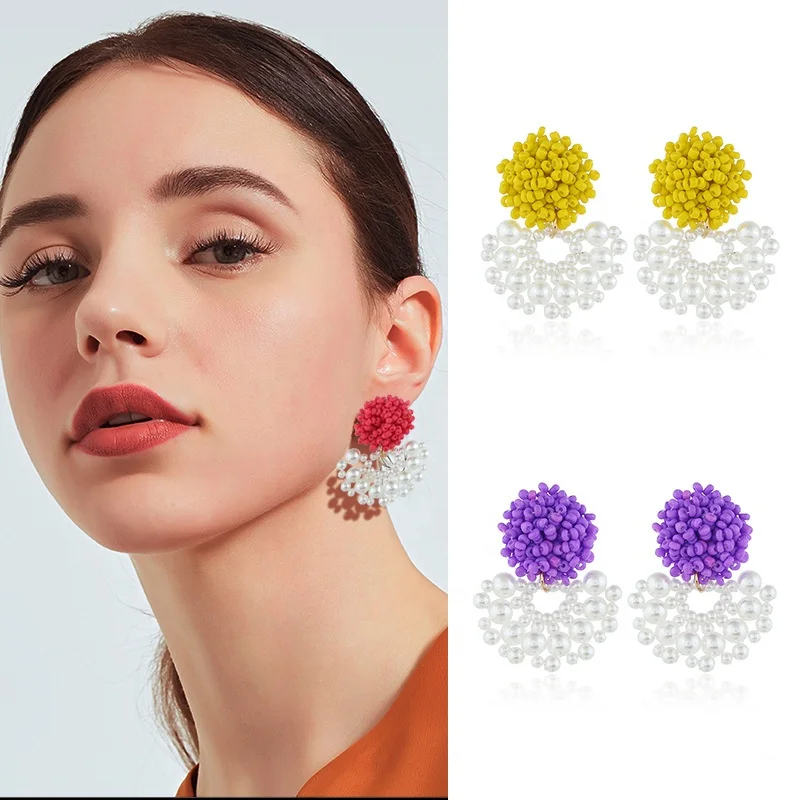 Ziming Bohemian Seed Bead Baroque Floral Pearl Earring Stud Mixed Colored Dangling Earring For Women