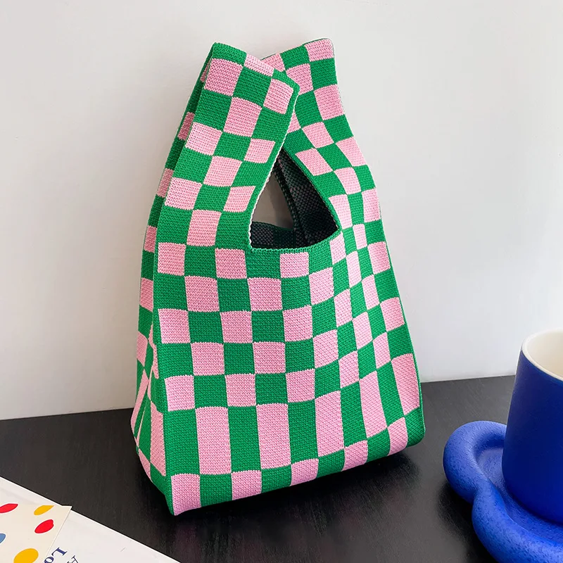 Europe Popular Candy Color Geometric Pattern Knitted Handbags For Girls Shopping Tote Bag Fashion Checkered  Knitting Tote Bags