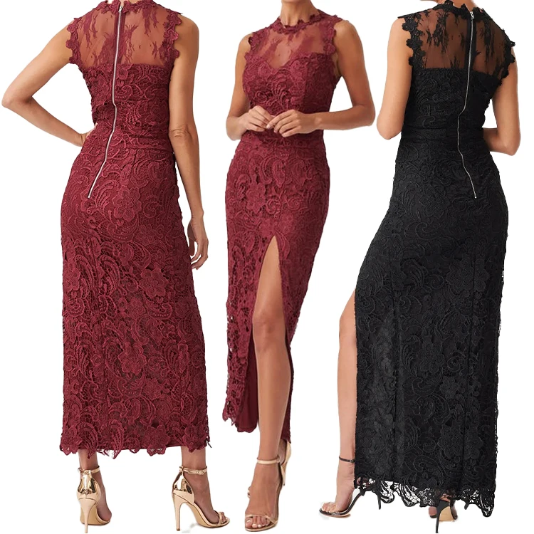 Fashion Women V-neck Sleeveless Black Lace Slit Dress Print Slim Long Party Dress for Ladies