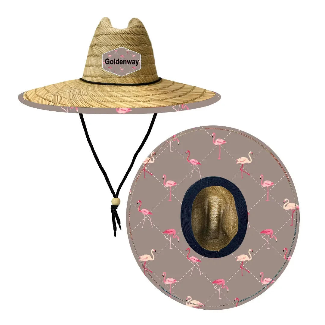 Flamingo Pattern design sun production women lifeguard wide brim custom straw hat wholesale