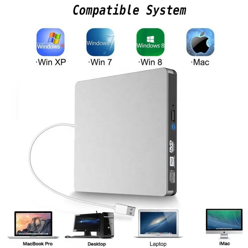 
External DVD CD Drive USB 3.0 Burner Writer Drive Player for Laptop/ Desktop / Macbook / Mac OS / Windows10 /8/ 7 / XP / Vista 