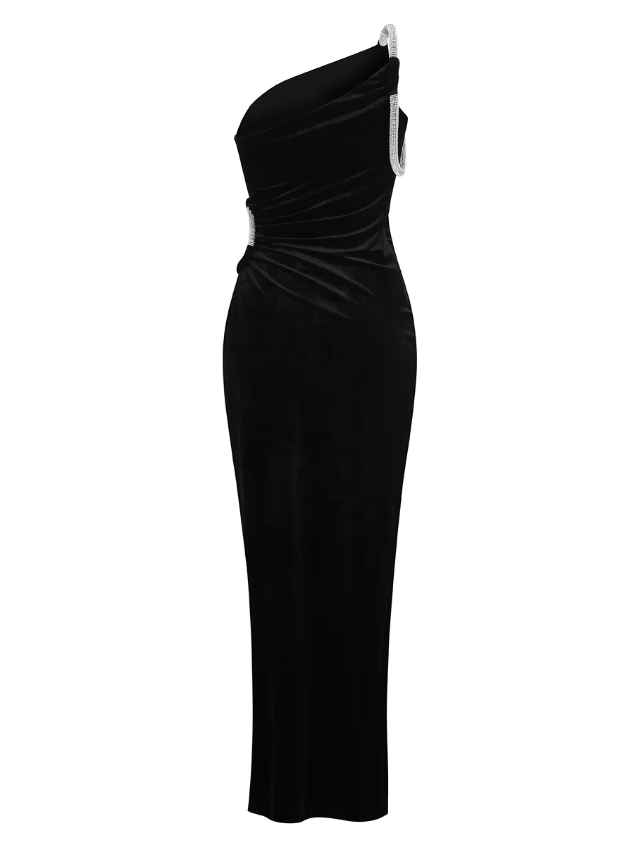 Wholesale Women Clothing Manufacturer Golden Velvet Sexy Black Banquet One Shoulder Elegant Long Gown Modest Evening Dress