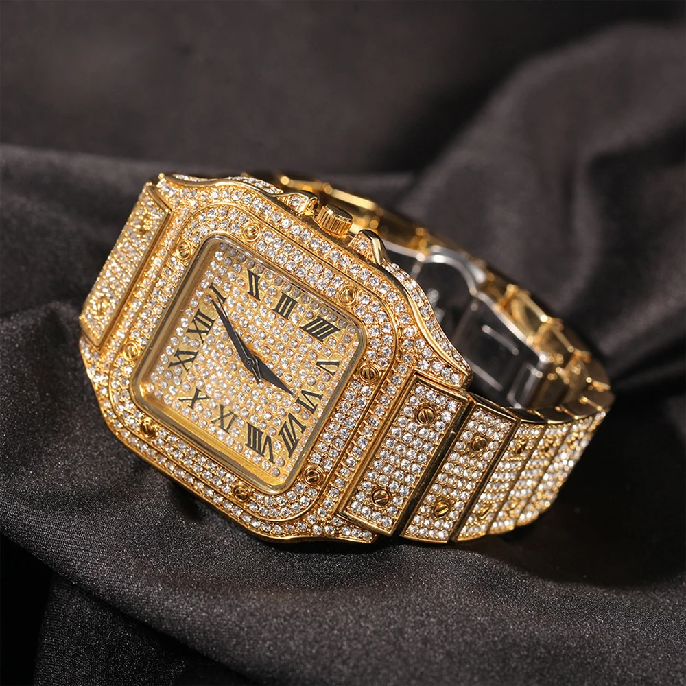 Hip hop Roman scale wrist watch fashion full diamond square dial flashing men quartz watch
