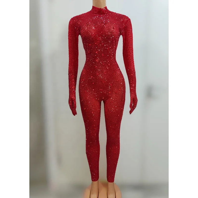 Sexy Long Sleeve Rhinestone Bodysuits Show Cosplay Costume Club Party Dancer Leotard Bodycon Romper Women One Piece Jumpsuits