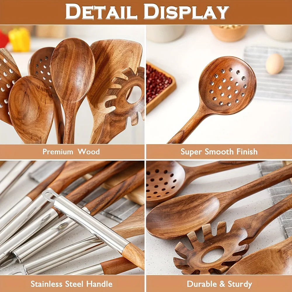 8 PCS Kitchen Cooking Wooden Spoon Spatula Natural Acacia Wood Utensils Set with Stainless Steel Handle