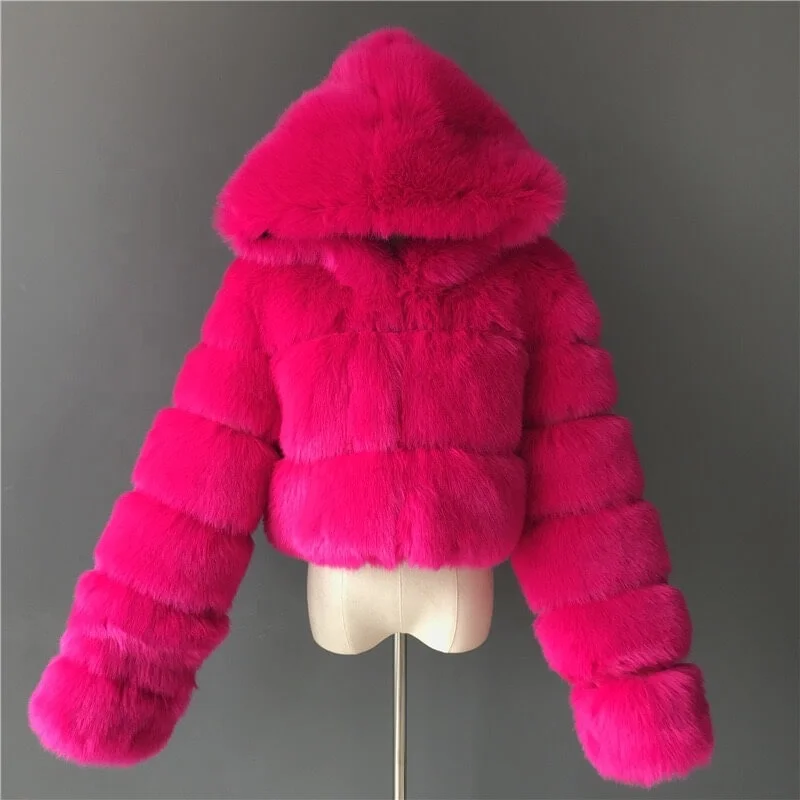 Cropped Winter Coat Jacket Women Faux Fox Fur Coat With Hood Fashion Short Style Fake Fur Coat For Lady