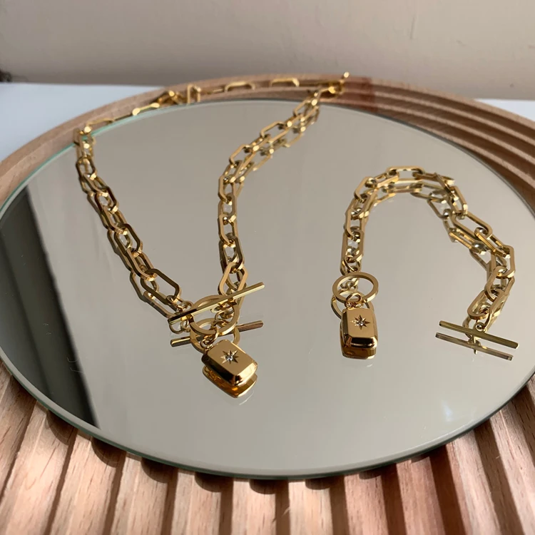 18K Gold Plated Stainless Steel Paperclip Chain Star Pendant Diamond Necklace Bracelet Women