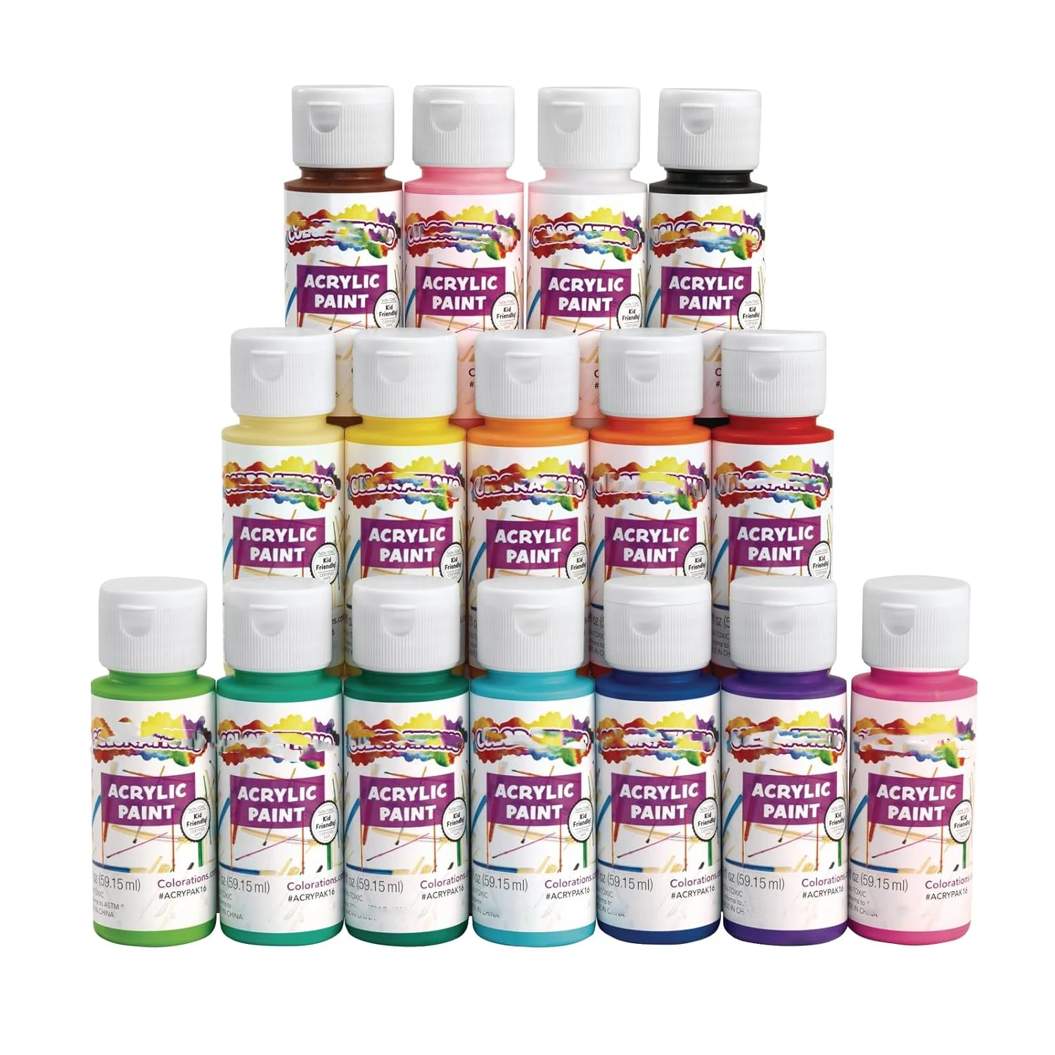 16 Colors Assorted 2oz /60ml Smooth Dry Quickly Non Toxic Craft for Paper Wood Ceramics Fabric and Canvas Acrylic Paints Set