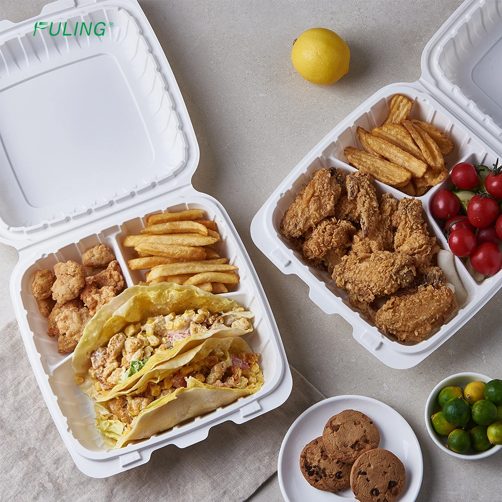 FULING To Go Containers 3 Compartment Clamshell Food Containers 9 Inch Plastic Microwave White To Go Boxes with Hinged Lids