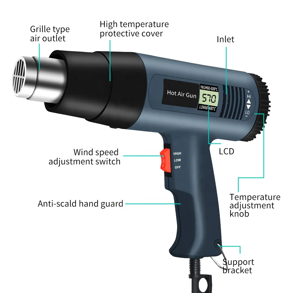 Supply 2000W digital display adjustable temperature 866C heat air gun auto film baking heat shrinkable gun industrial